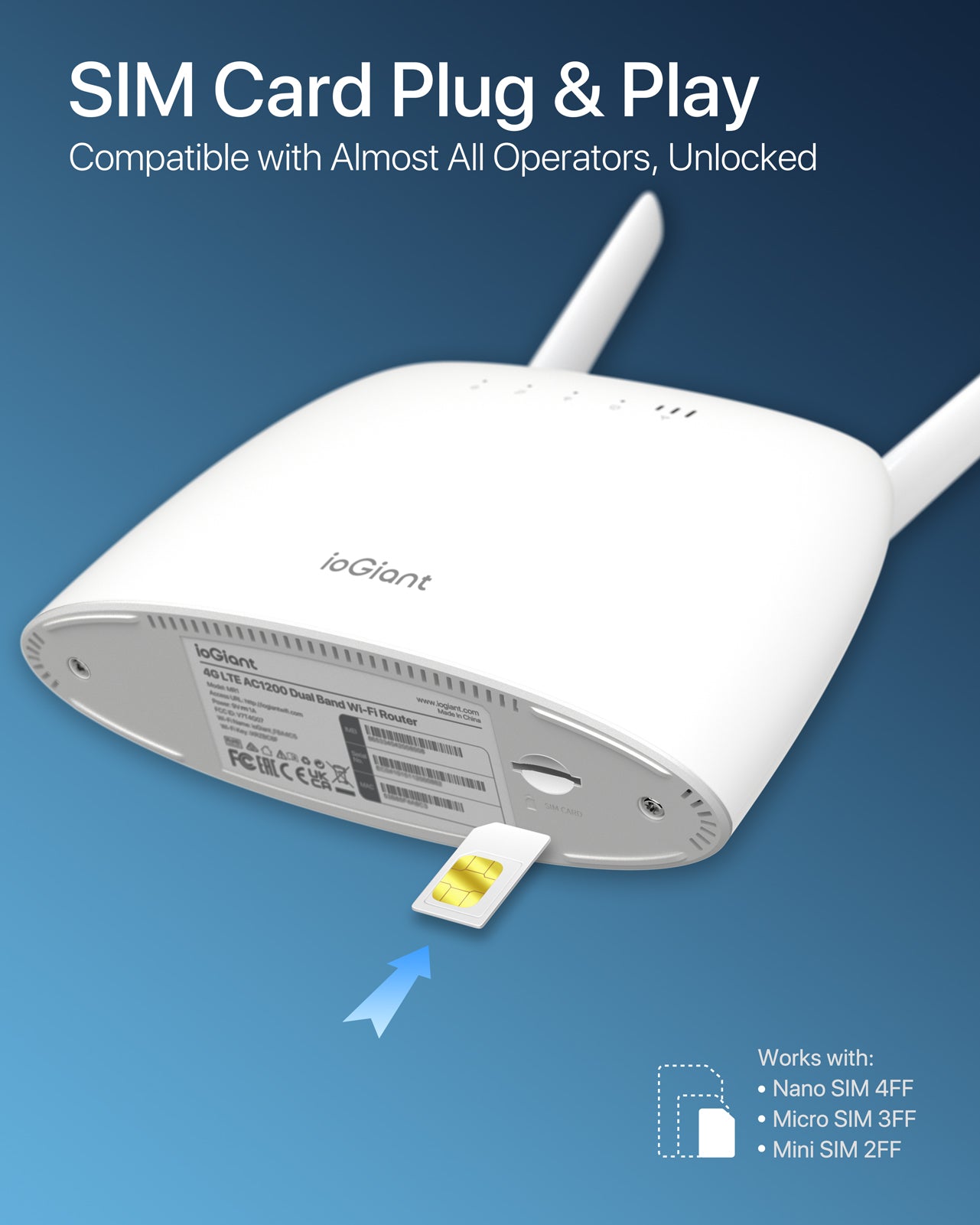 ioGiant Router 4G SIM, WiFi AC1200 5GHz y 2.4GHz, Sin Confirugación, LTE Ruter Para Tarjeta Movil 4g Micro Nano SIM, Compatible con Todos los Operadores, Puerto Ethernet LAN/WAN, Antenas Desmontables